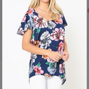 Navy Floral Butterfly-Sleeve V-Neck Top, M
